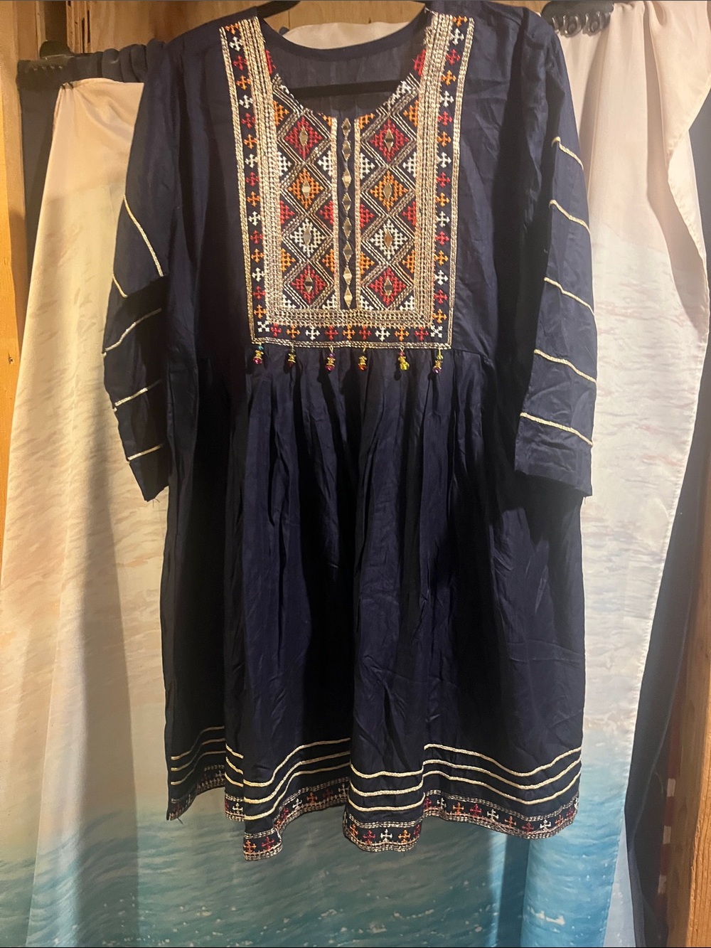 Embroidered Navy Midi Dress with Geometric Front Yoke